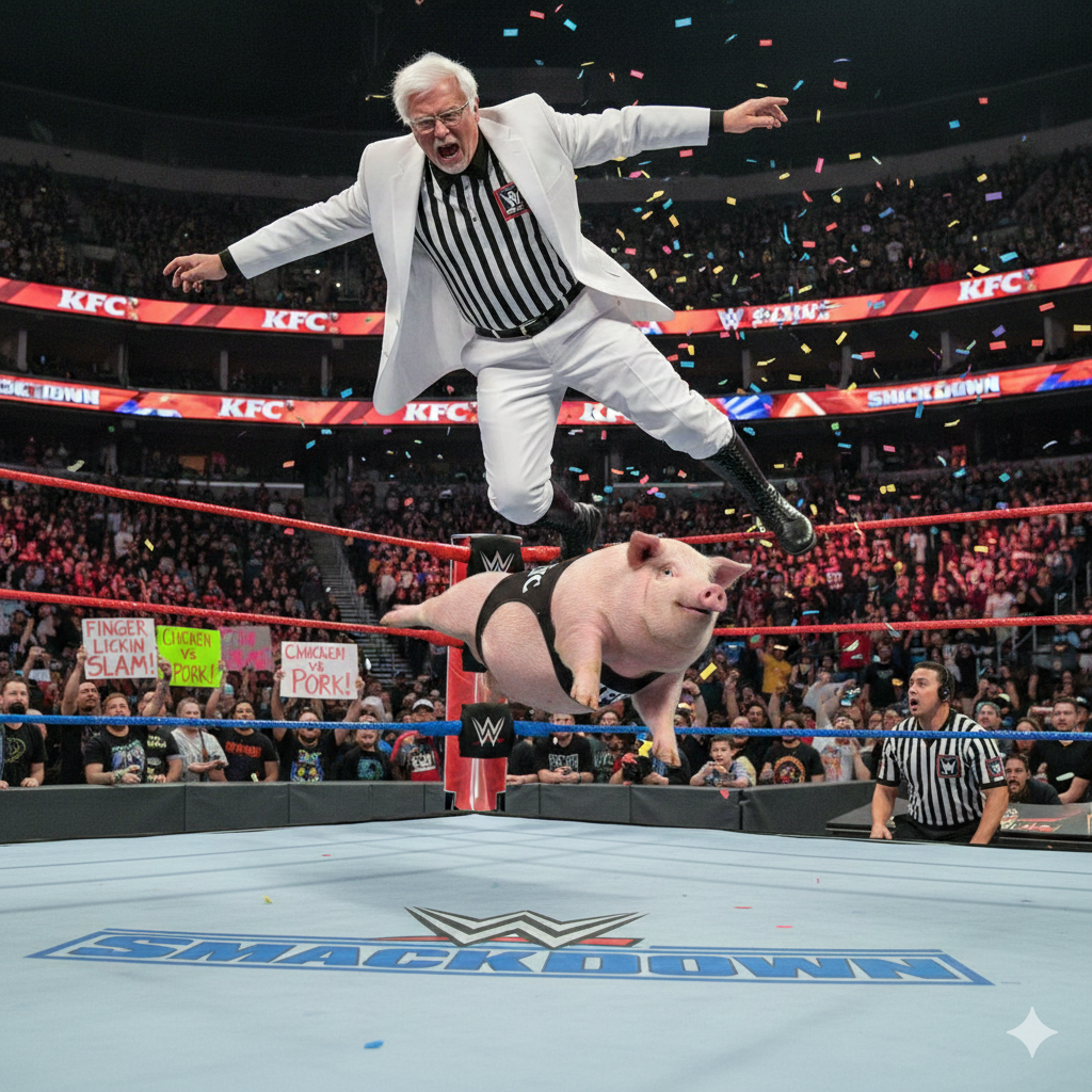 Colonel Sanders is mid-flight while performing a bodyslam from the top, corner rope posts of a WWE wrestling ring. A pig in a skimpy, spandex, wrestling suit falls to the mat under Colonel Sanders. The crowd throws confetti in the background as the pig is moments away from being squished under the weight of Colonel Sander's body.